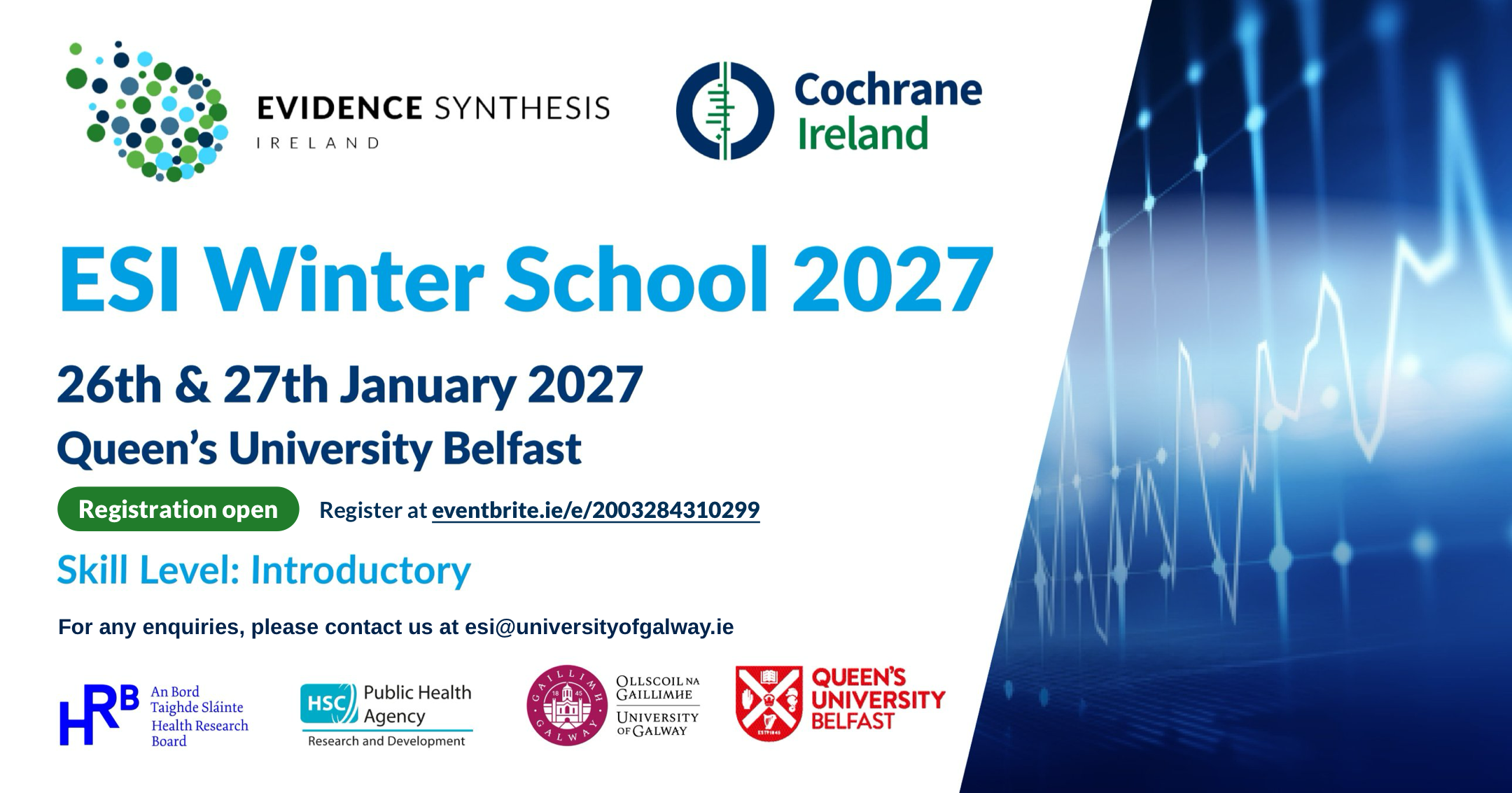 ESI Winter School 2027, 26th & 27th January 2027, Queen’s University Belfast. Registration open at eventbrite.ie/e/2003284310299. Skill level: Introductory. In collaboration with Cochrane Ireland.